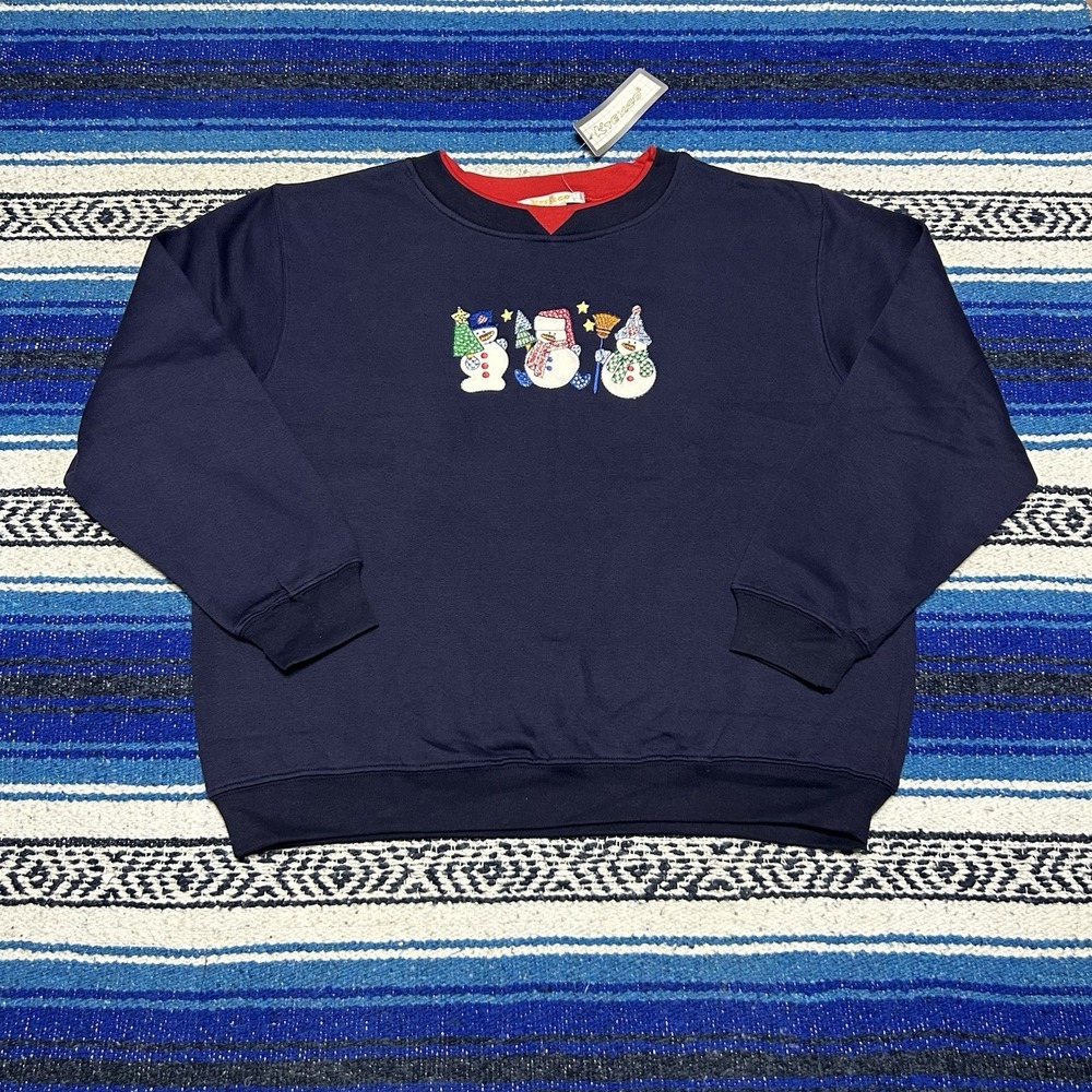 VTG NWTs Ktexco Christmas Sweatshirt Large Snowman Embroidered Navy Blue Holiday